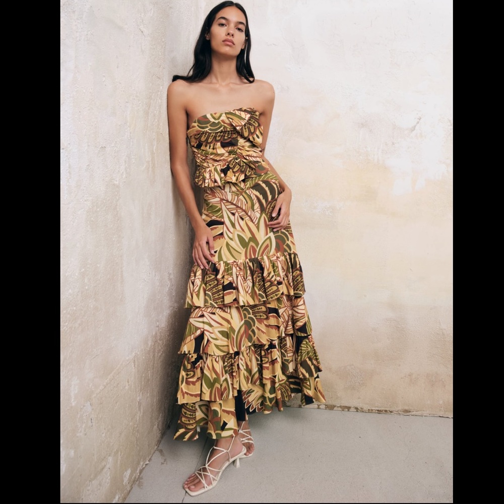 Zara linen blend ruffles printed skirt